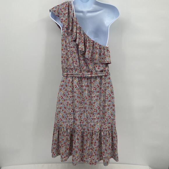Heatherly Dusty Blue Floral One Shoulder Ruffle Detail Mini Dress Size Large - Picture 4 of 9